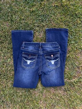 Y2K Vintage Jeans | Dark Blue Embroidered Back-Pocket Jeans Thread Market